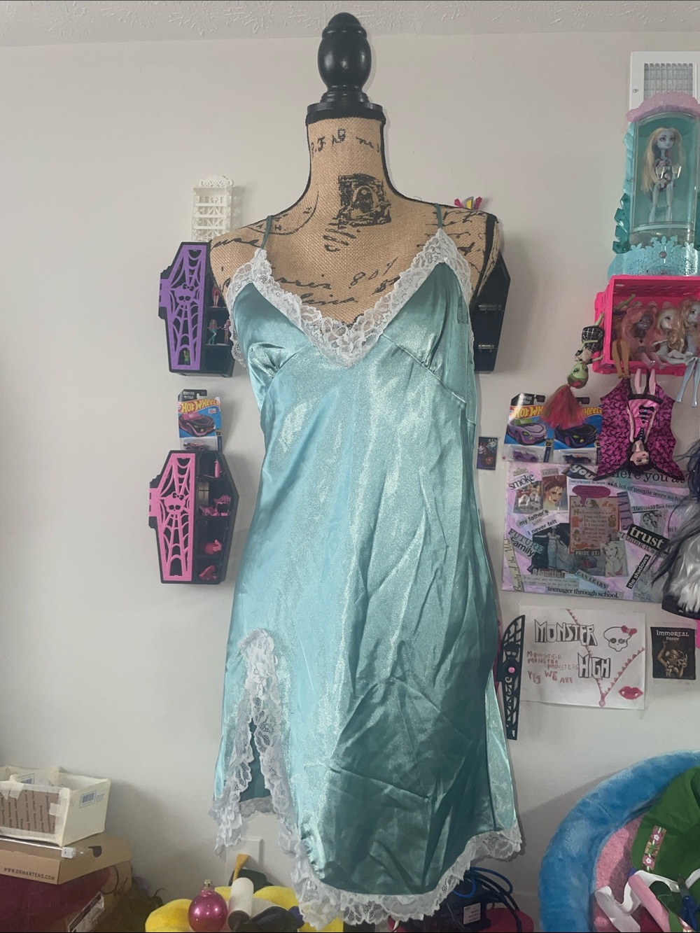 Lace-Trim Satin Slip Dress in Light Teal